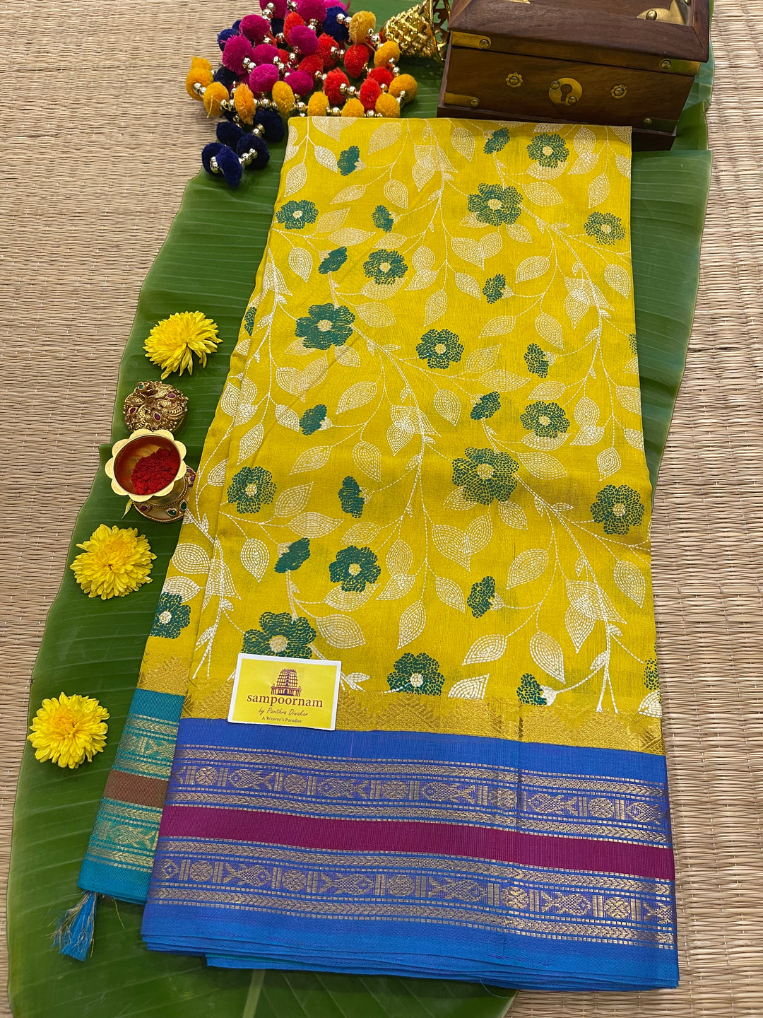 Yellow with Blue Kantha Printed Korvai Silk Cotton Saree