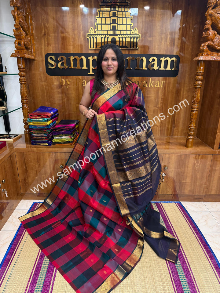 Red, Dark Blue , Green with Dark Blue ,, Pallum Pazham Checks with rich butta , traditional borders and rich Pallu Silk Cotton Sarees