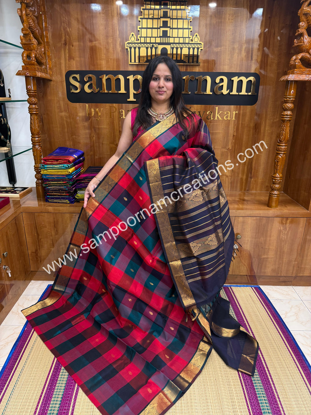 Red, Dark Blue , Green with Dark Blue ,, Pallum Pazham Checks with rich butta , traditional borders and rich Pallu Silk Cotton Sarees