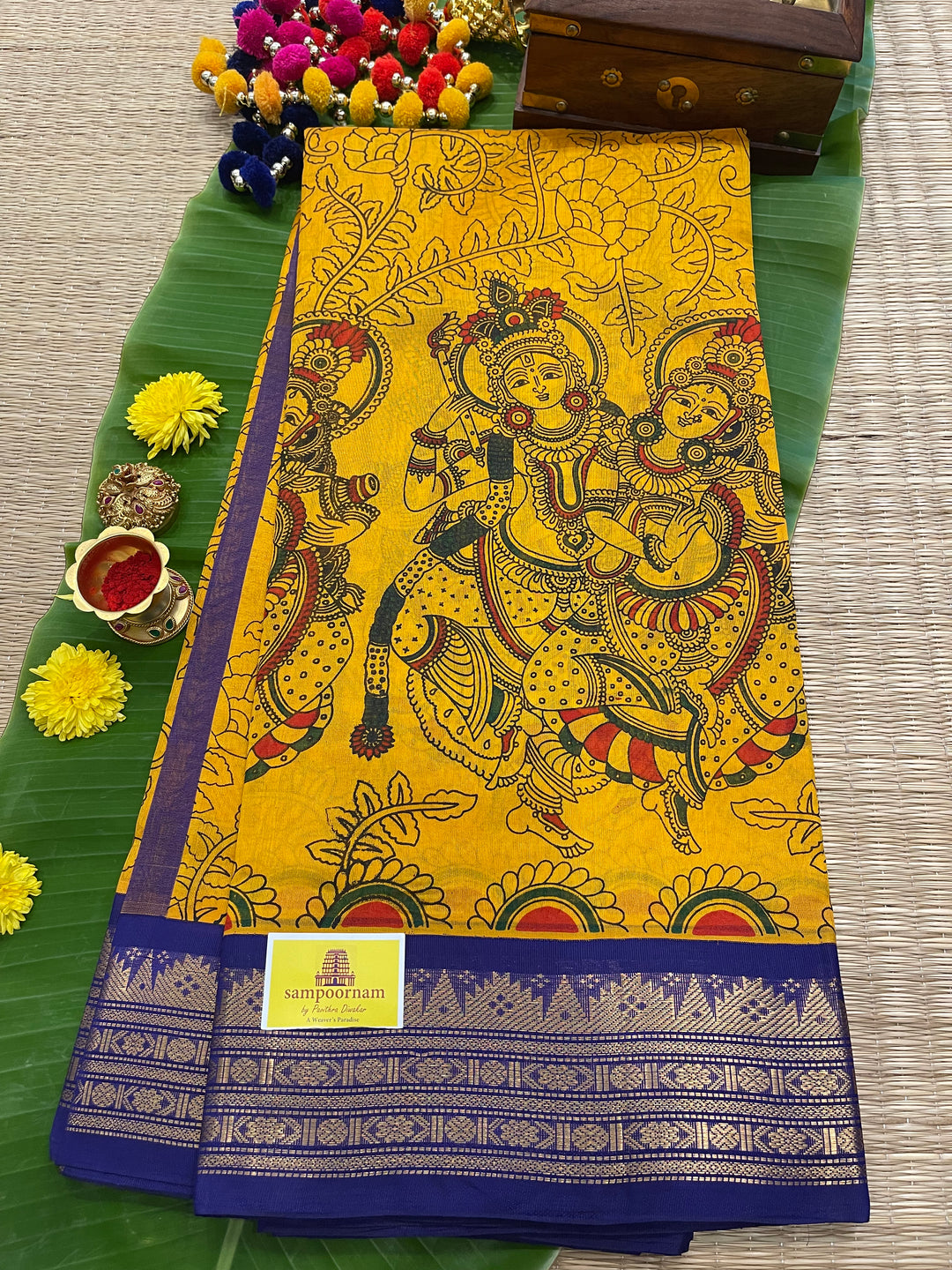 Mambazha Manjal with Blue Radha Krishna Printed Korvai Silk Cotton Saree