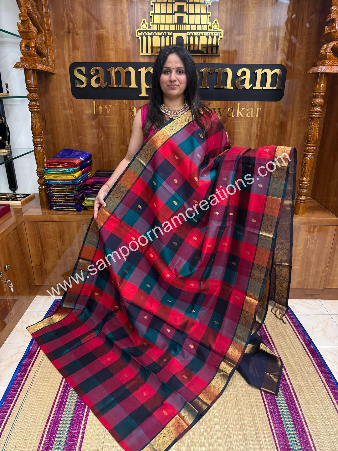 Pink , Dark Blue ,Wine with Dark Blue , Pallum Pazham Checks with rich butta , traditional borders and rich Pallu Silk Cotton Sarees