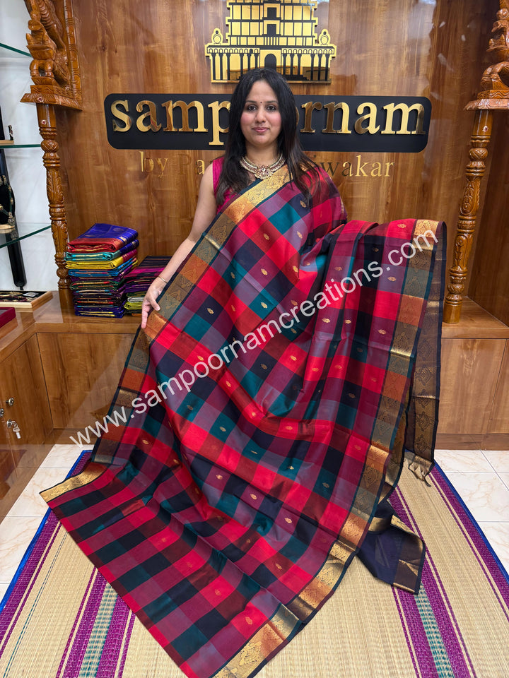 Pink , Dark Blue ,Wine with Dark Blue , Pallum Pazham Checks with rich butta , traditional borders and rich Pallu Silk Cotton Sarees