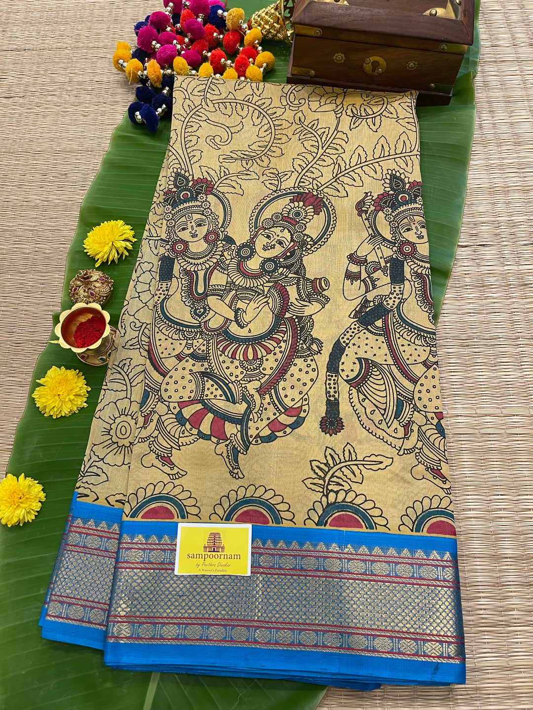 Biscuit with Blue Radha Krishna Printed Korvai Silk Cotton Saree