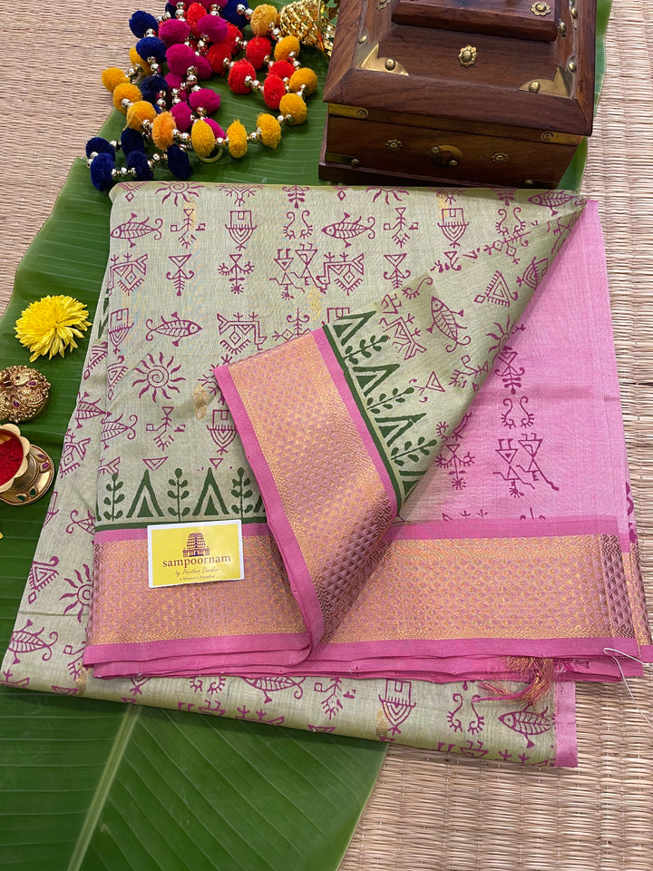 Venpattu with Baby Pink Warli Handblock Printed Silk Cotton Saree