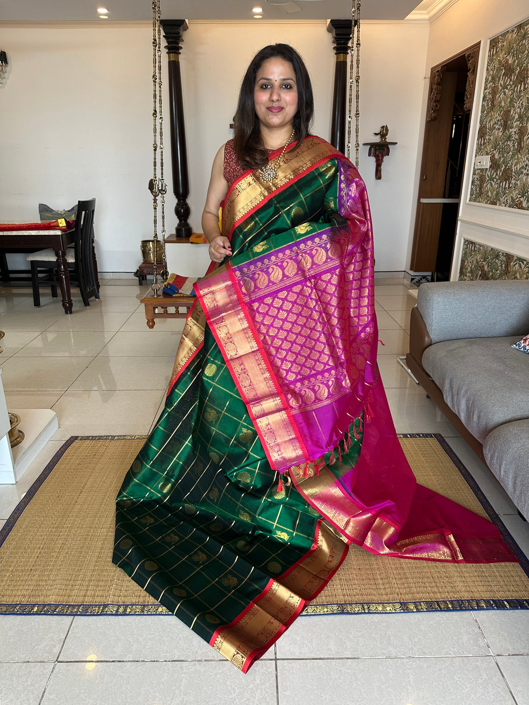 Green with Magenta Mayil Chakram Silk Cotton Saree