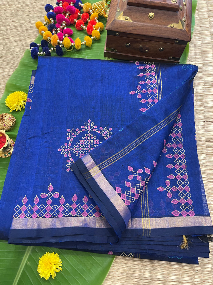 Blue Kolam Handblock Printed Silk Cotton Saree