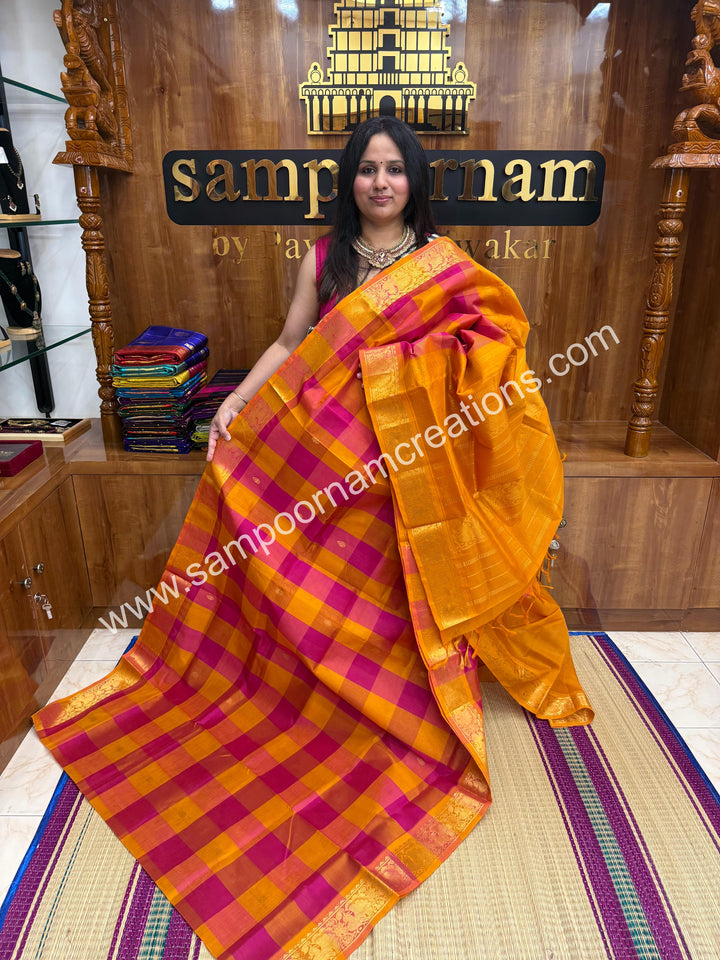 Orange , Manjal , Pink with Manjal , Pallum Pazham Checks with rich butta , traditional borders and rich Pallu Silk Cotton Sarees