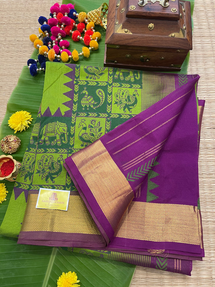 Green with Purple Annam and Elephant Handblock Printed Silk Cotton Saree