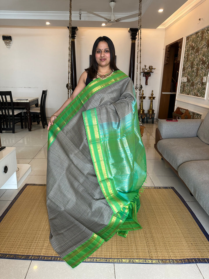 Black and White Podi Kattam with Sea Green Rettapet Border and Rich Pallu Korvai Silk Cotton Saree