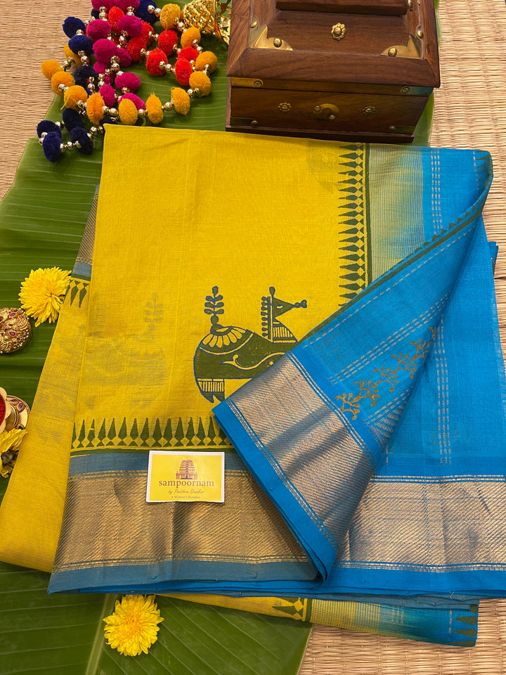 Yellow with Blue Terracota Horse Handblock Printed Silk Cotton Saree