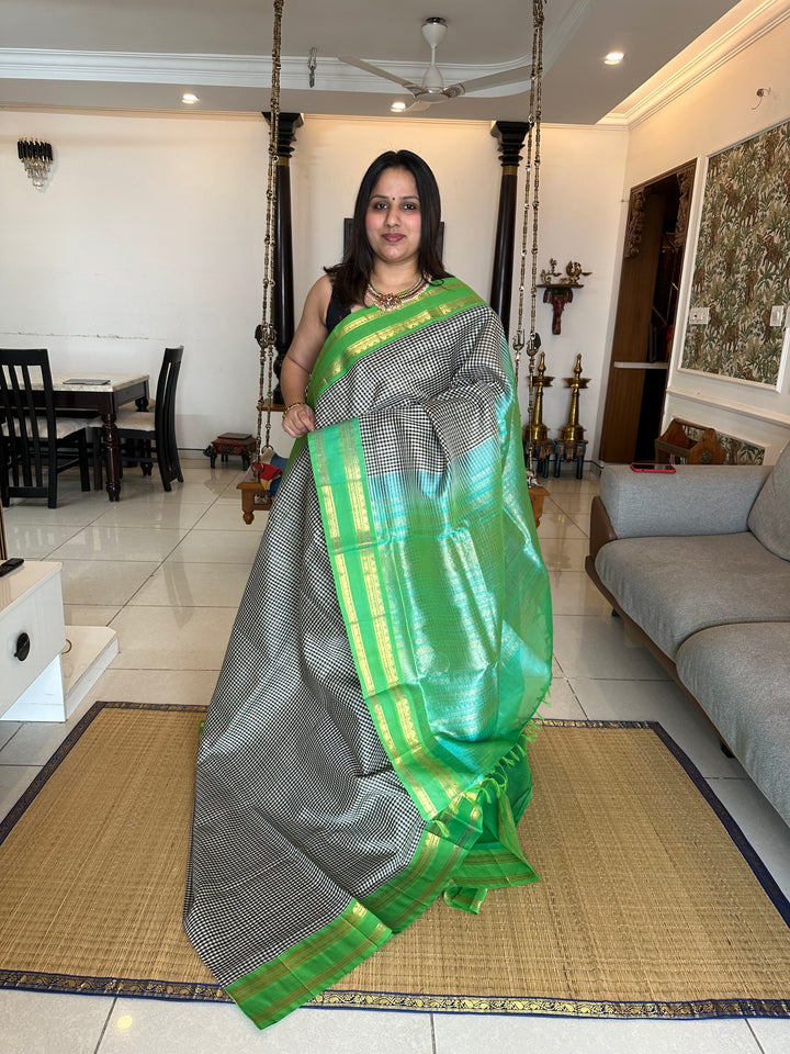 Black and White Podi Kattam with Sea Green Rettapet Border and Rich Pallu Korvai Silk Cotton Saree