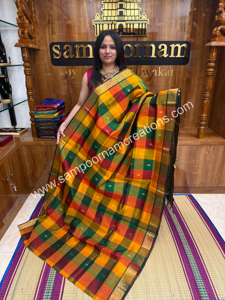Green , Manjal , Red with Green , Pallum Pazham Checks with rich butta , traditional borders and rich Pallu Silk Cotton Sarees