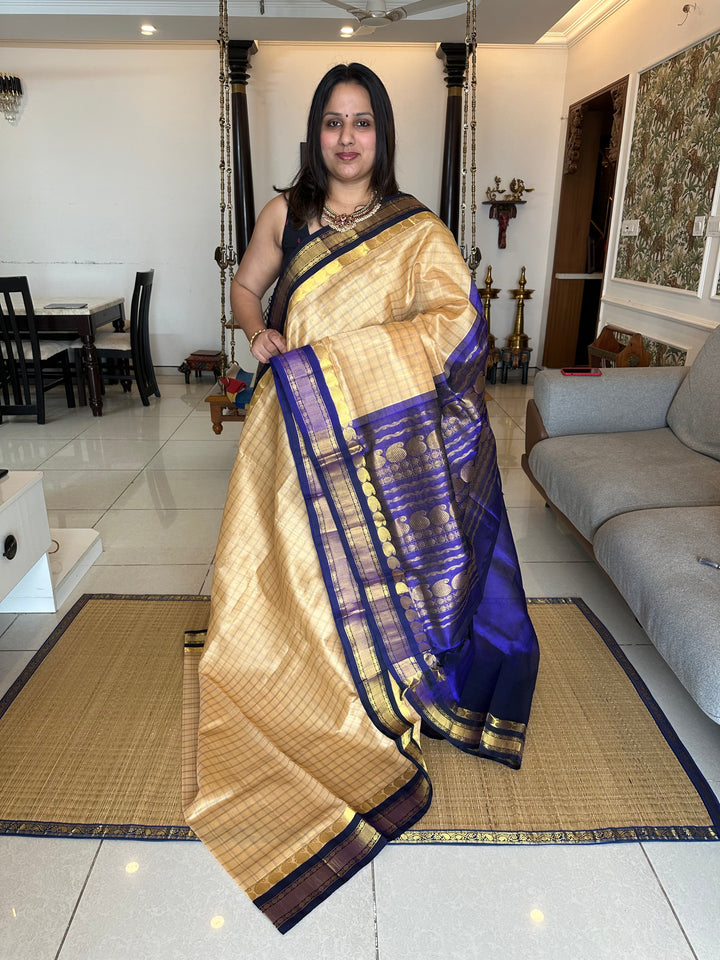 Cream with Dark Blue Body Kattam with Rich Pallu Korvai Silk Cotton Saree