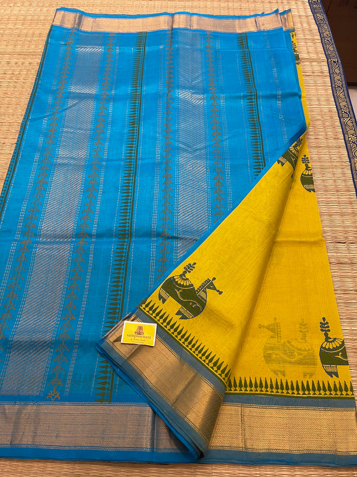 Yellow with Blue Terracota Horse Handblock Printed Silk Cotton Saree