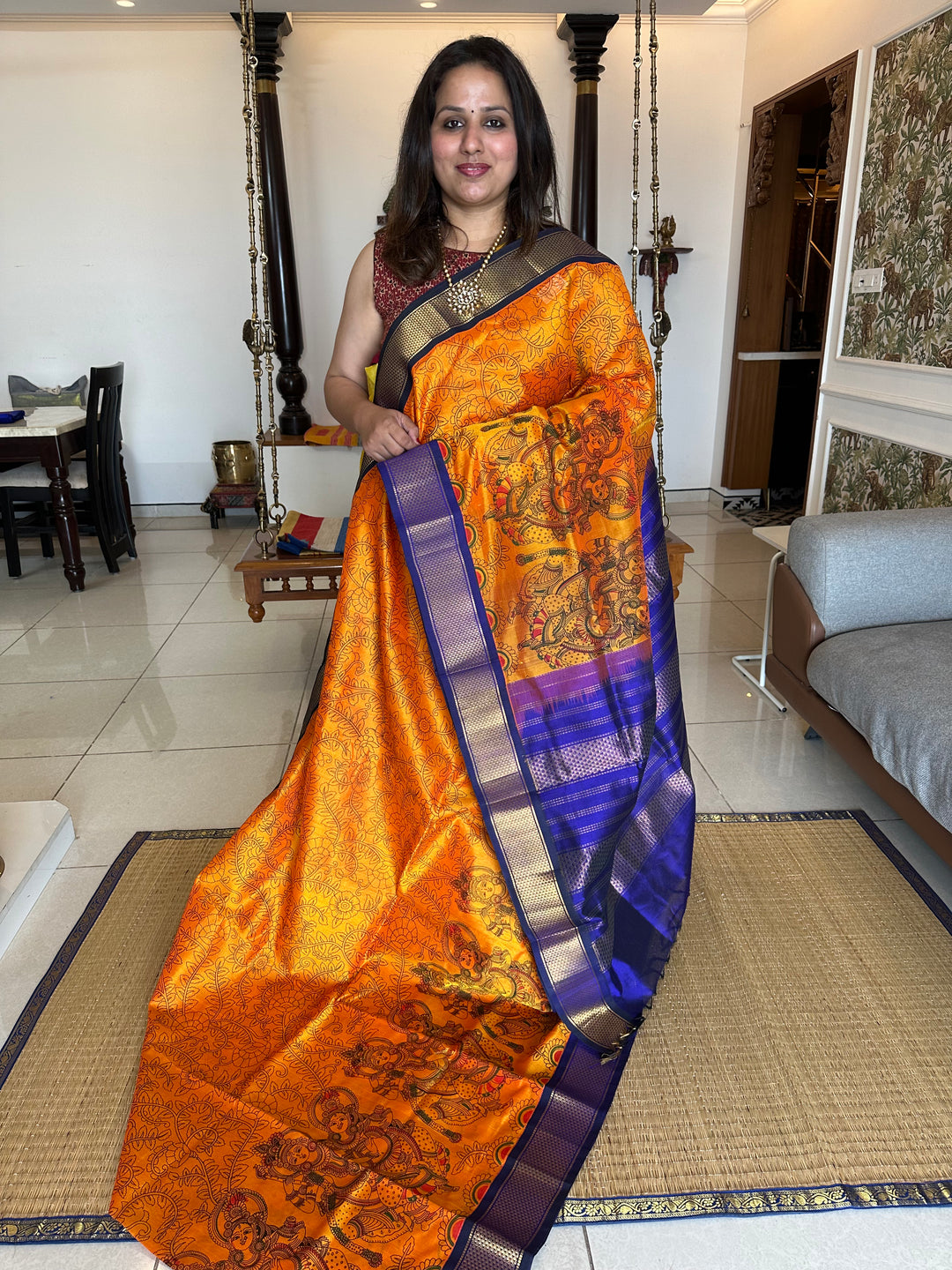 Manjal with Blue Radha Krishna Printed Korvai Silk Cotton Saree