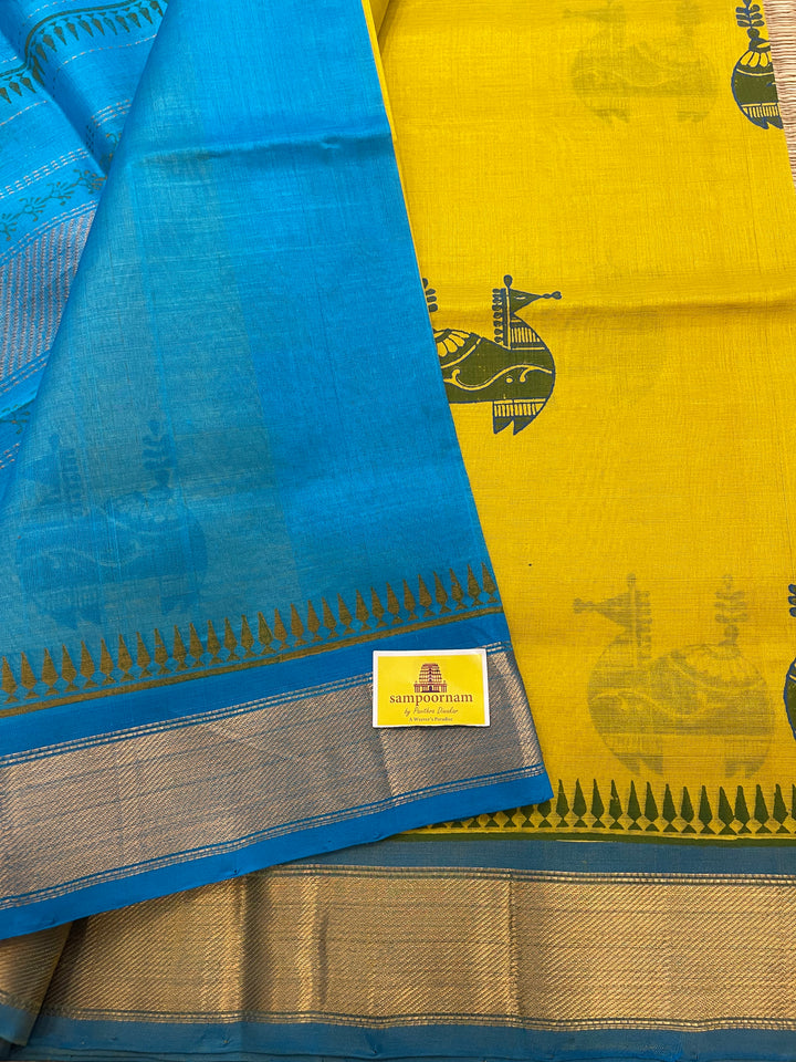 Yellow with Blue Terracota Horse Handblock Printed Silk Cotton Saree