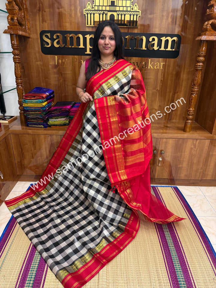 Black , White , with Red , Pallum Pazham Checks , traditional borders and rich Pallu Silk Cotton Sarees