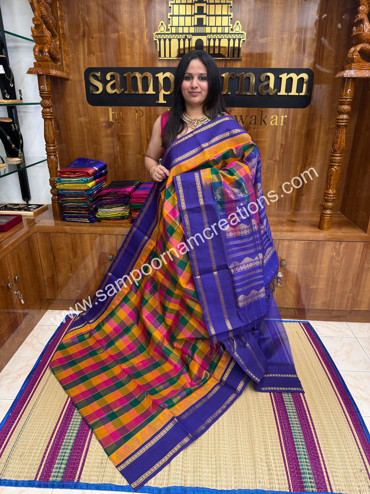 Green , Pink , Manjal with Blue , Pallum Pazham Checks  , Temple design  rettapet borders and rich Pallu korvai Silk Cotton Sarees