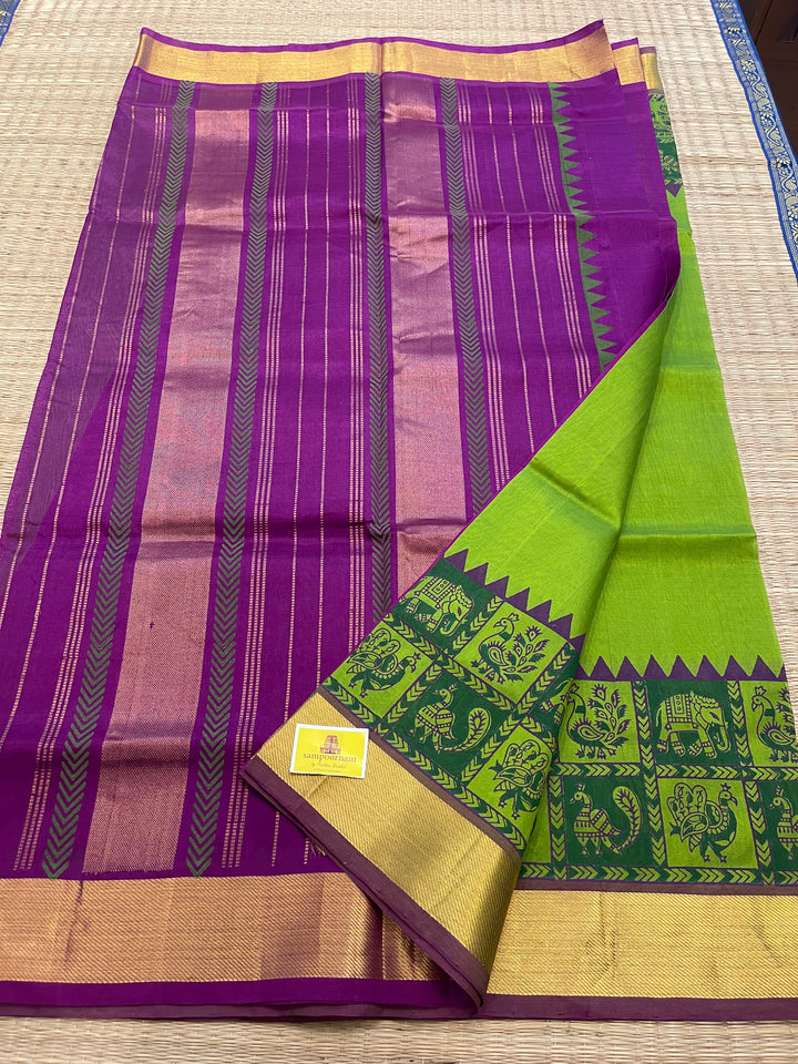 Green with Purple Annam and Elephant Handblock Printed Silk Cotton Saree