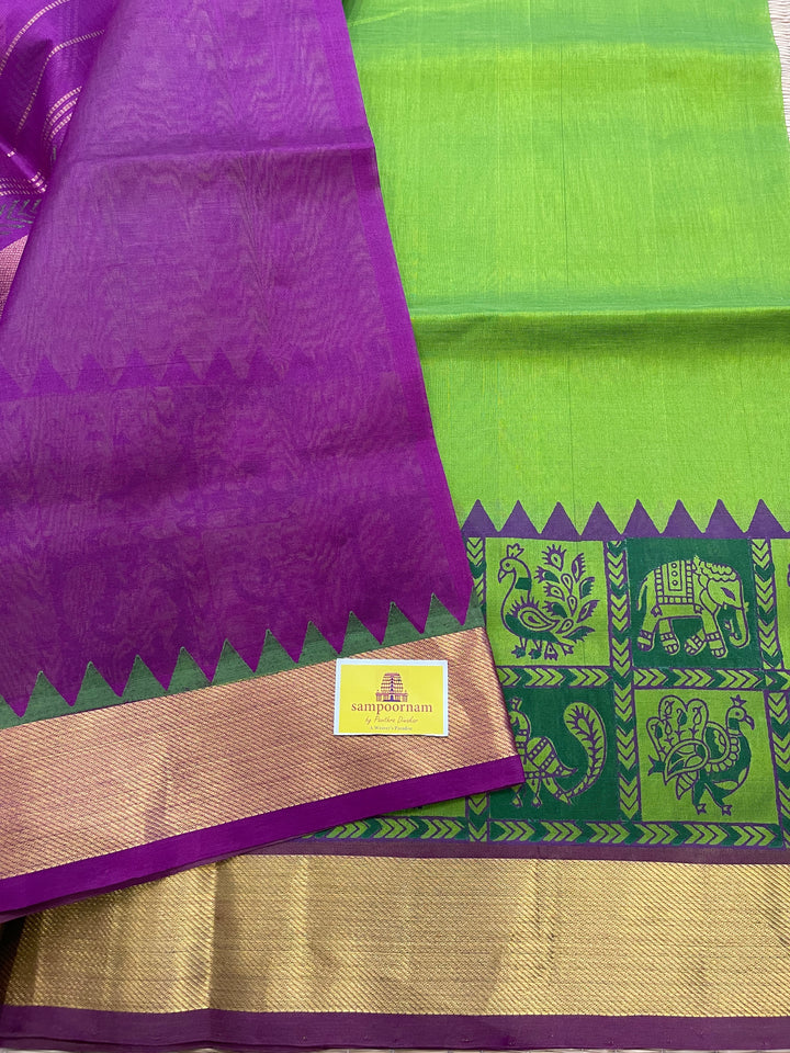 Green with Purple Annam and Elephant Handblock Printed Silk Cotton Saree