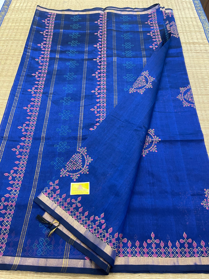 Blue Kolam Handblock Printed Silk Cotton Saree