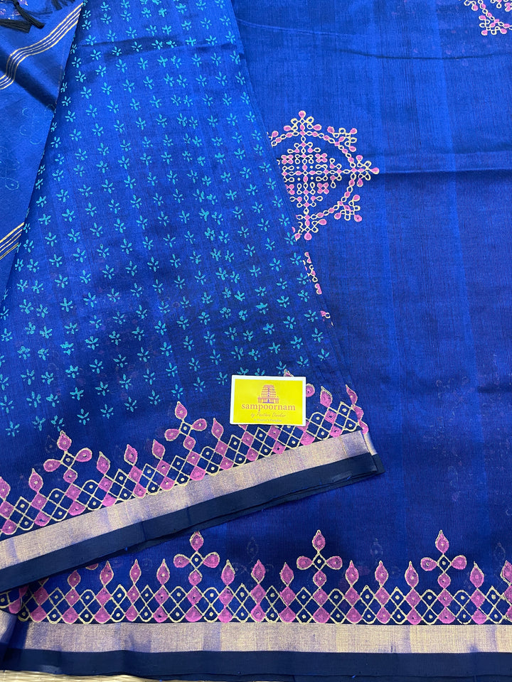 Blue Kolam Handblock Printed Silk Cotton Saree