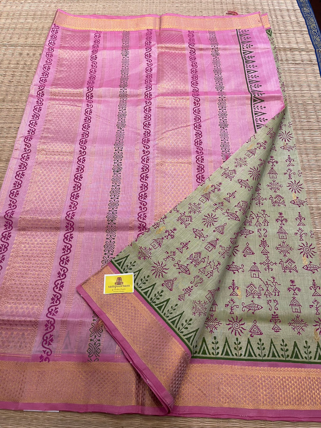 Venpattu with Baby Pink Warli Handblock Printed Silk Cotton Saree