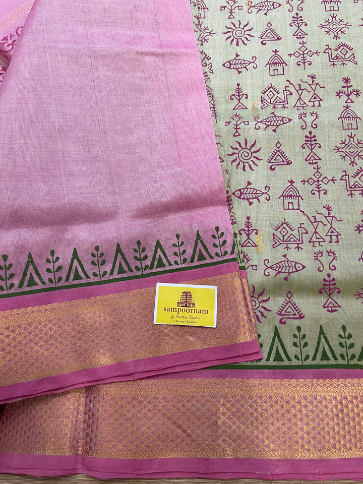 Venpattu with Baby Pink Warli Handblock Printed Silk Cotton Saree