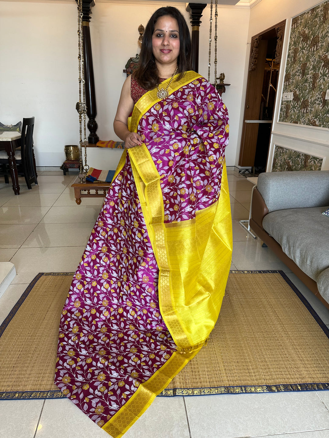 Purple with Lemon Yellow Kantha Printed Korvai Silk Cotton Saree