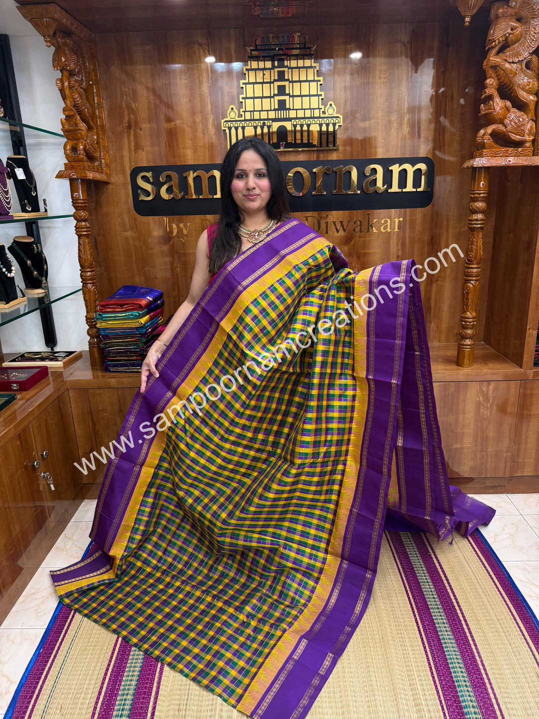 Green , Manjal , Purple with Purple , Pallum Pazham Checks with rich butta , Temple design  rettapet borders and rich Pallu Silk Cotton Sarees