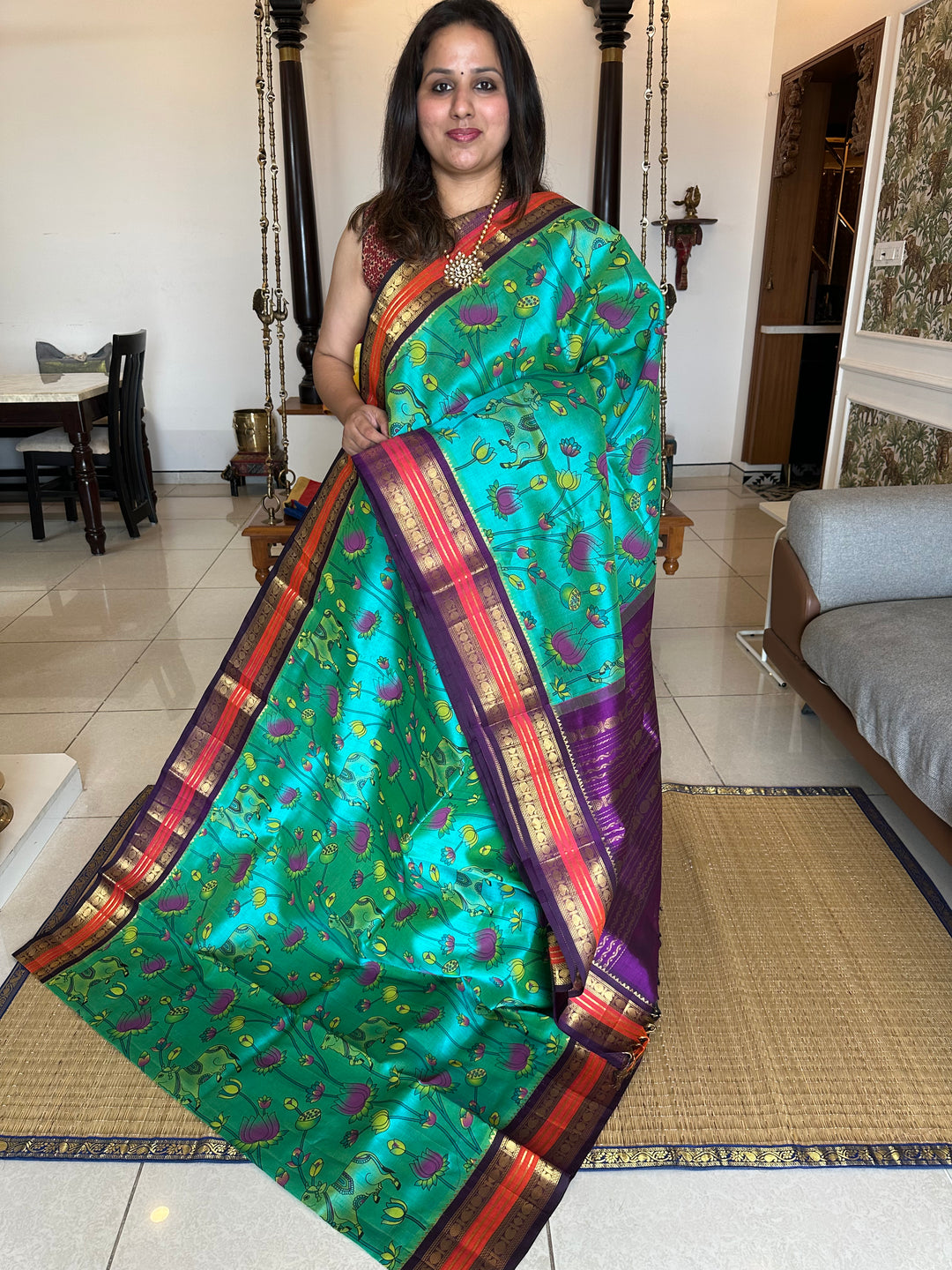 Ramar Blue with Purple Pichwai Printed Korvai Silk Cotton Saree