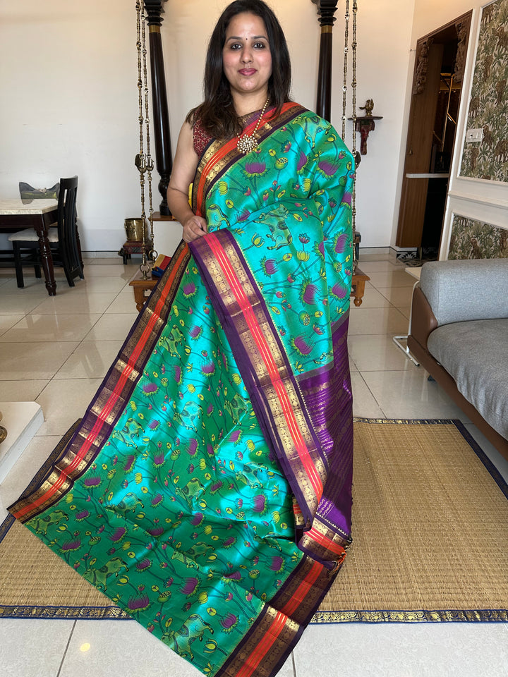 Ramar Blue with Purple Pichwai Printed Korvai Silk Cotton Saree