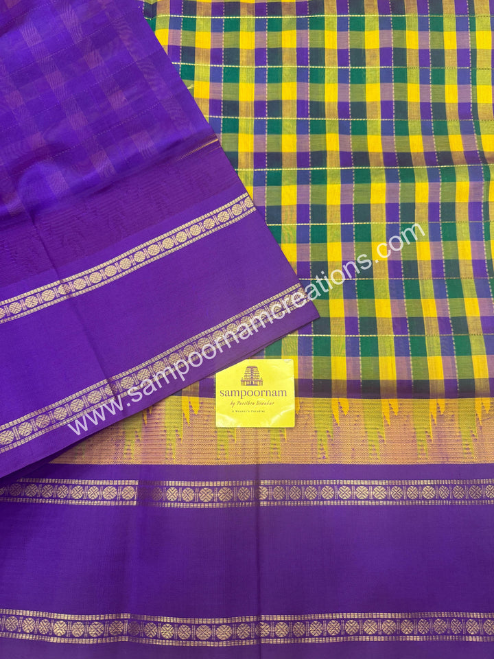 Green , Manjal , Purple with Purple , Pallum Pazham Checks with rich butta , Temple design  rettapet borders and rich Pallu Silk Cotton Sarees