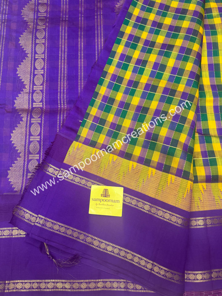 Green , Manjal , Purple with Purple , Pallum Pazham Checks with rich butta , Temple design  rettapet borders and rich Pallu Silk Cotton Sarees