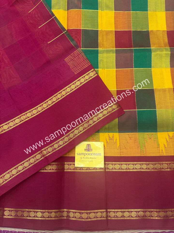 Green , Manjal , Maroon with Kumkum Red , Pallum  Pazham Checks , Temple design  rettapet borders and rich Pallu Silk Cotton Sarees
