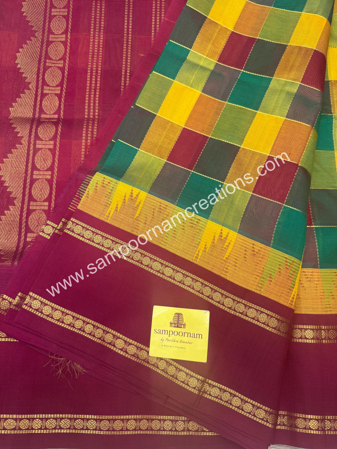 Green , Manjal , Maroon with Kumkum Red , Pallum  Pazham Checks , Temple design  rettapet borders and rich Pallu Silk Cotton Sarees