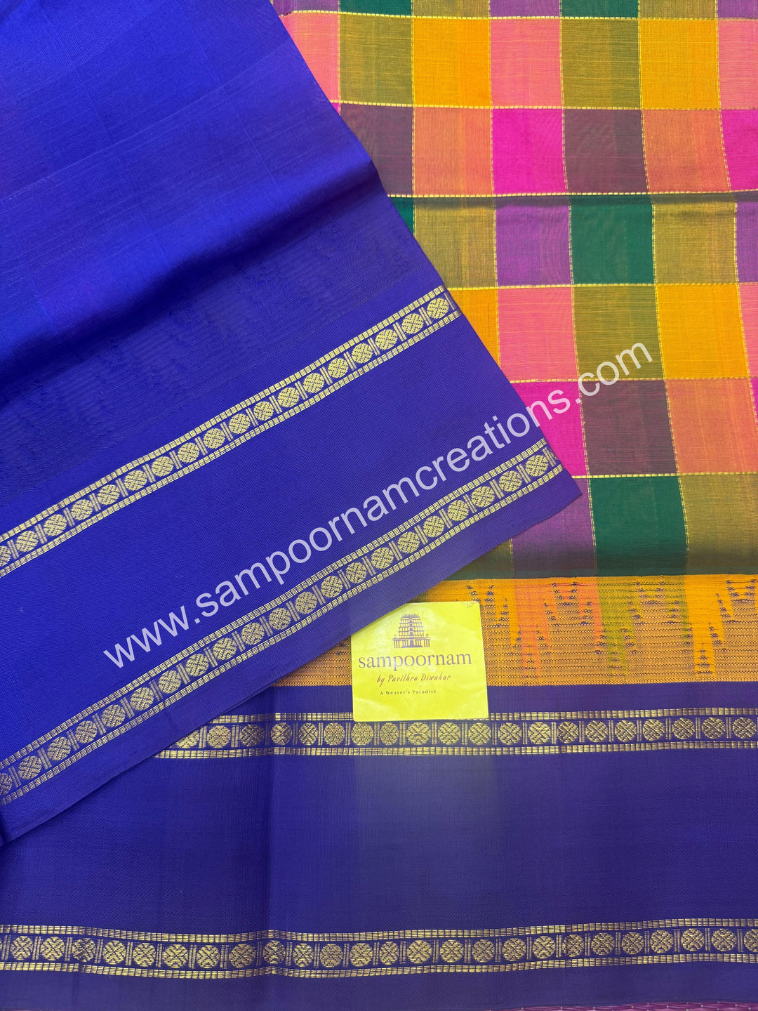 Green , Pink , Manjal with Blue , Pallum Pazham Checks  , Temple design  rettapet borders and rich Pallu korvai Silk Cotton Sarees