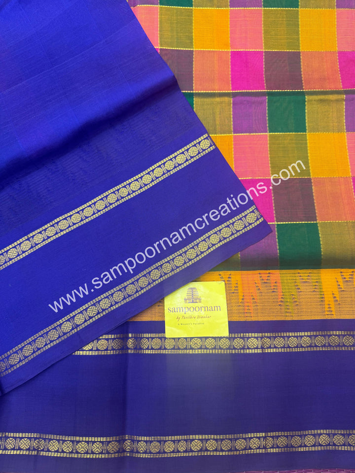 Green , Pink , Manjal with Blue , Pallum Pazham Checks  , Temple design  rettapet borders and rich Pallu korvai Silk Cotton Sarees