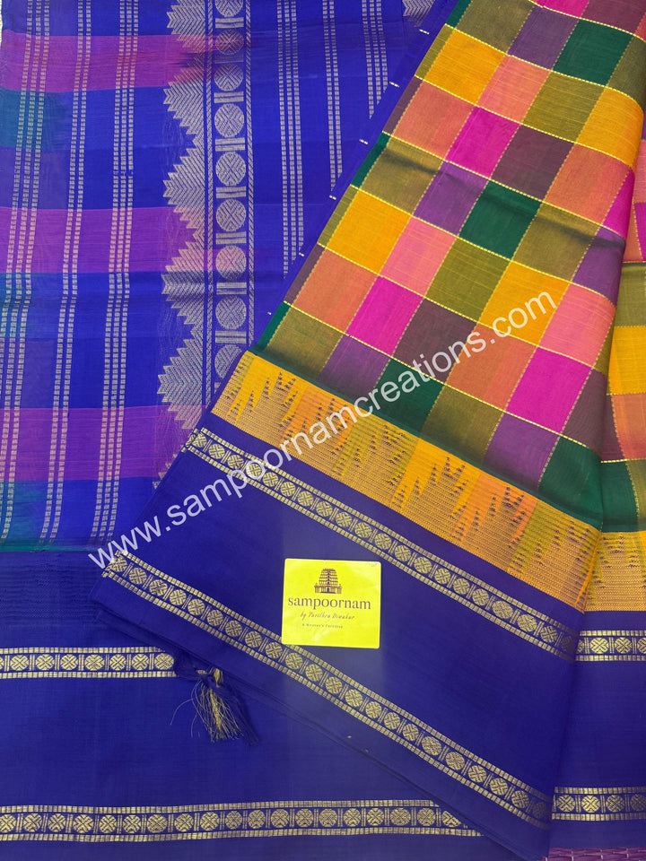 Green , Pink , Manjal with Blue , Pallum Pazham Checks  , Temple design  rettapet borders and rich Pallu korvai Silk Cotton Sarees