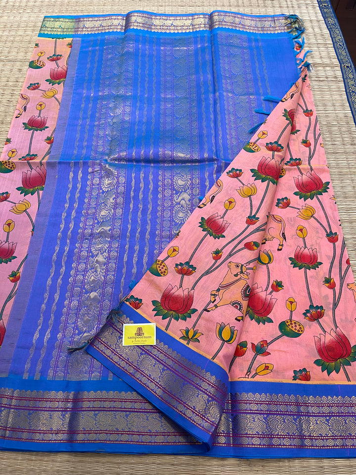 Peachish Pink with Ganga Jamuna Border Pichwai Printed Silk Cotton Saree