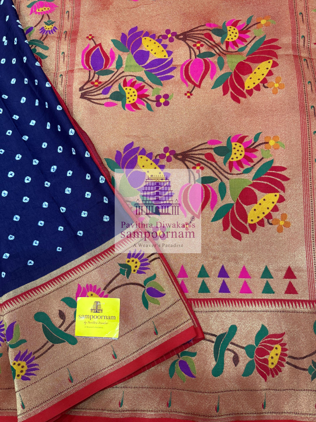 Indigo Blue with Red , Bandhini prints in the body , with Paithani rich Zari borders and Pallu , Banarasi blouse , Pure Vegan Silk Saree