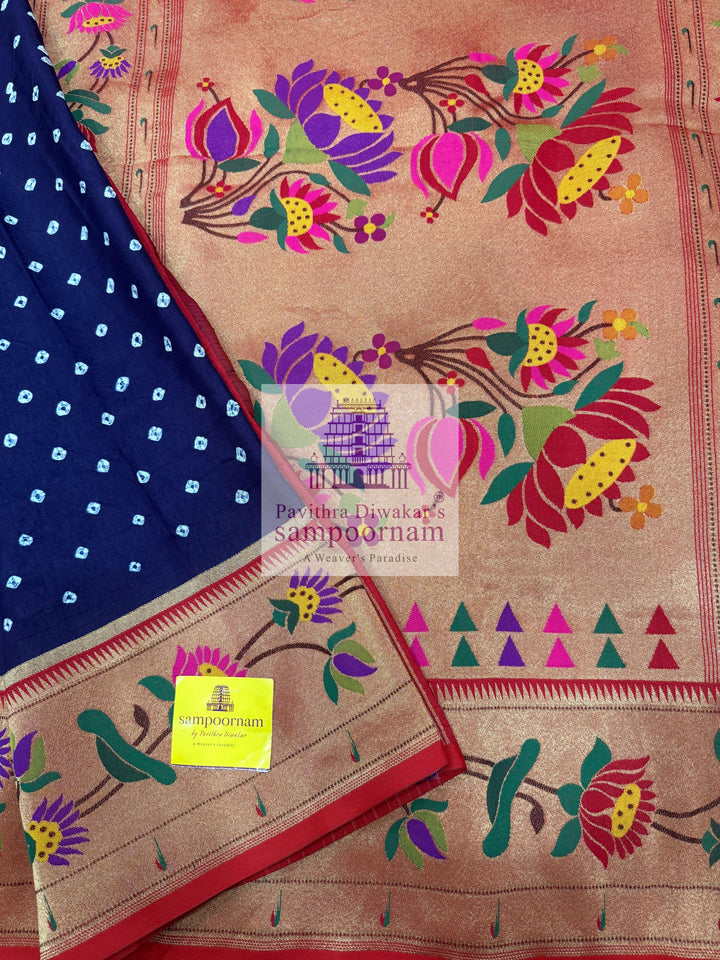 Indigo Blue with Red , Bandhini prints in the body , with Paithani rich Zari borders and Pallu , Banarasi blouse , Pure Vegan Silk Saree