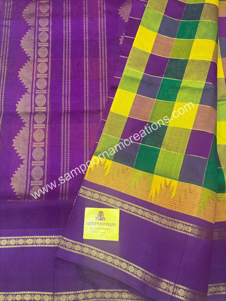 Green , Magenta , Manjal with Magenta , Pallum Pazham Checks  , Temple design  rettapet borders and rich Pallu  Korvai Silk Cotton Sarees