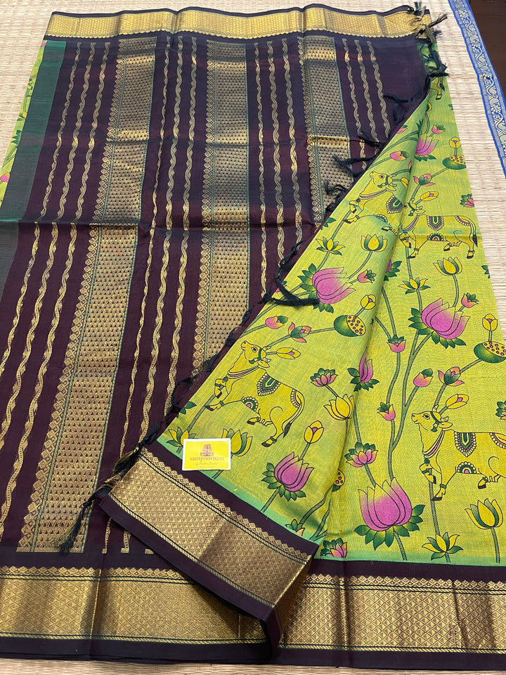 Green with Brown Pichwai Printed Korvai Silk Cotton Saree