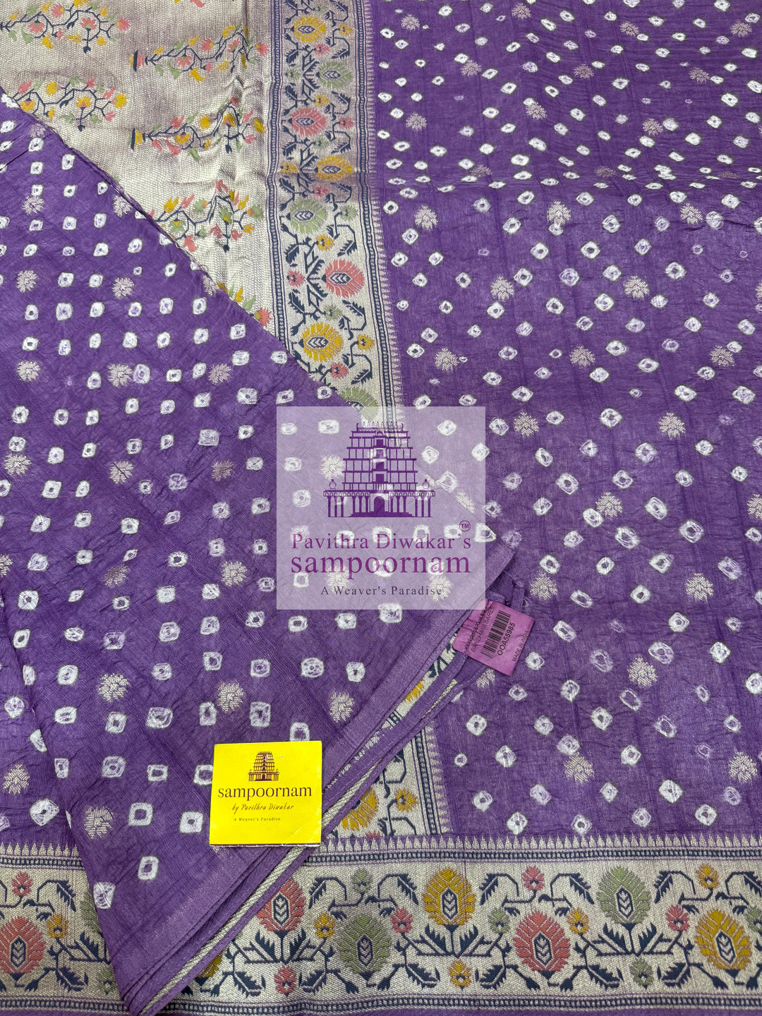Lilac with Silver Zari ,Bandhini with Zari motifs in the body and Paithani Zari borders and Pallu with Banarasi blouse , Pure Vegan Silk Saree