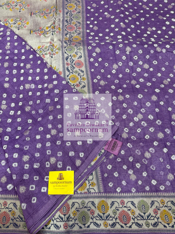 Lilac with Silver Zari ,Bandhini with Zari motifs in the body and Paithani Zari borders and Pallu with Banarasi blouse , Pure Vegan Silk Saree
