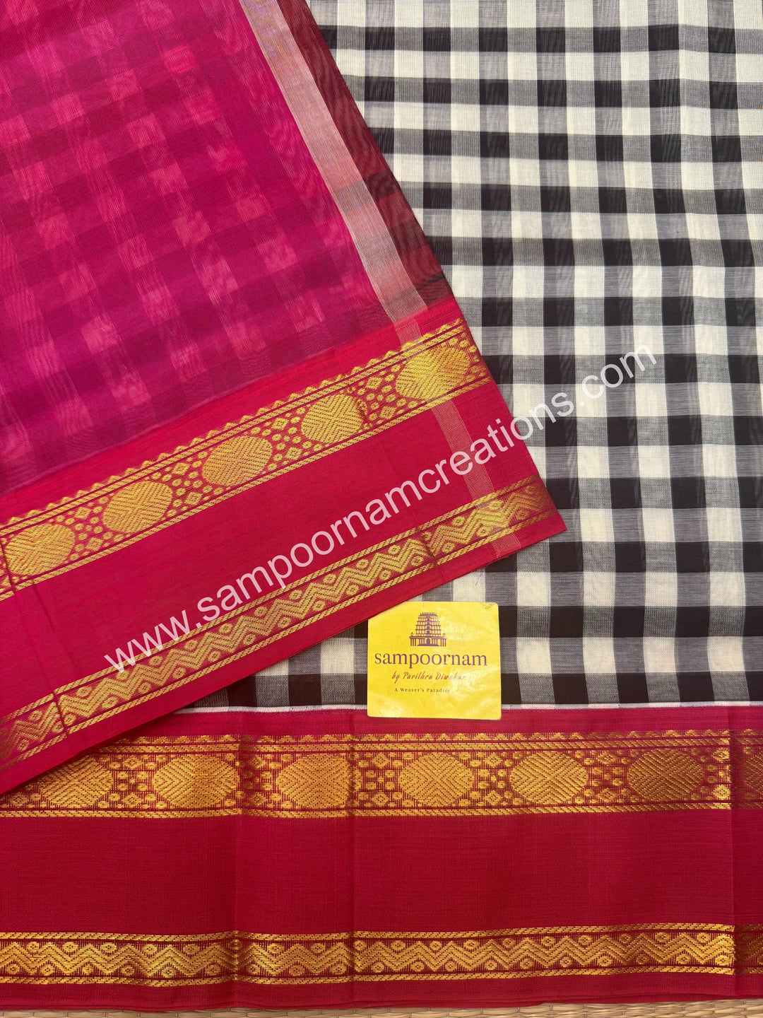 Black , White , with Pink , Pallum Pazham Checks  rettapet borders and rich Pallu Silk Cotton Sarees