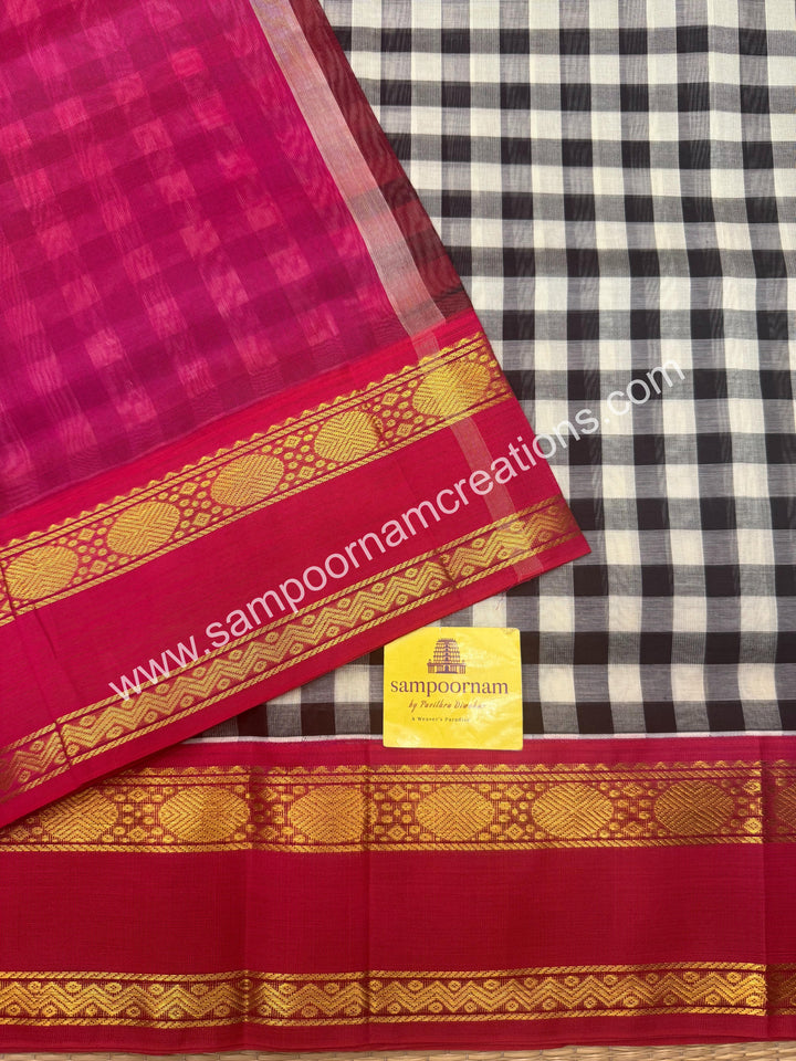 Black , White , with Pink , Pallum Pazham Checks  rettapet borders and rich Pallu Silk Cotton Sarees