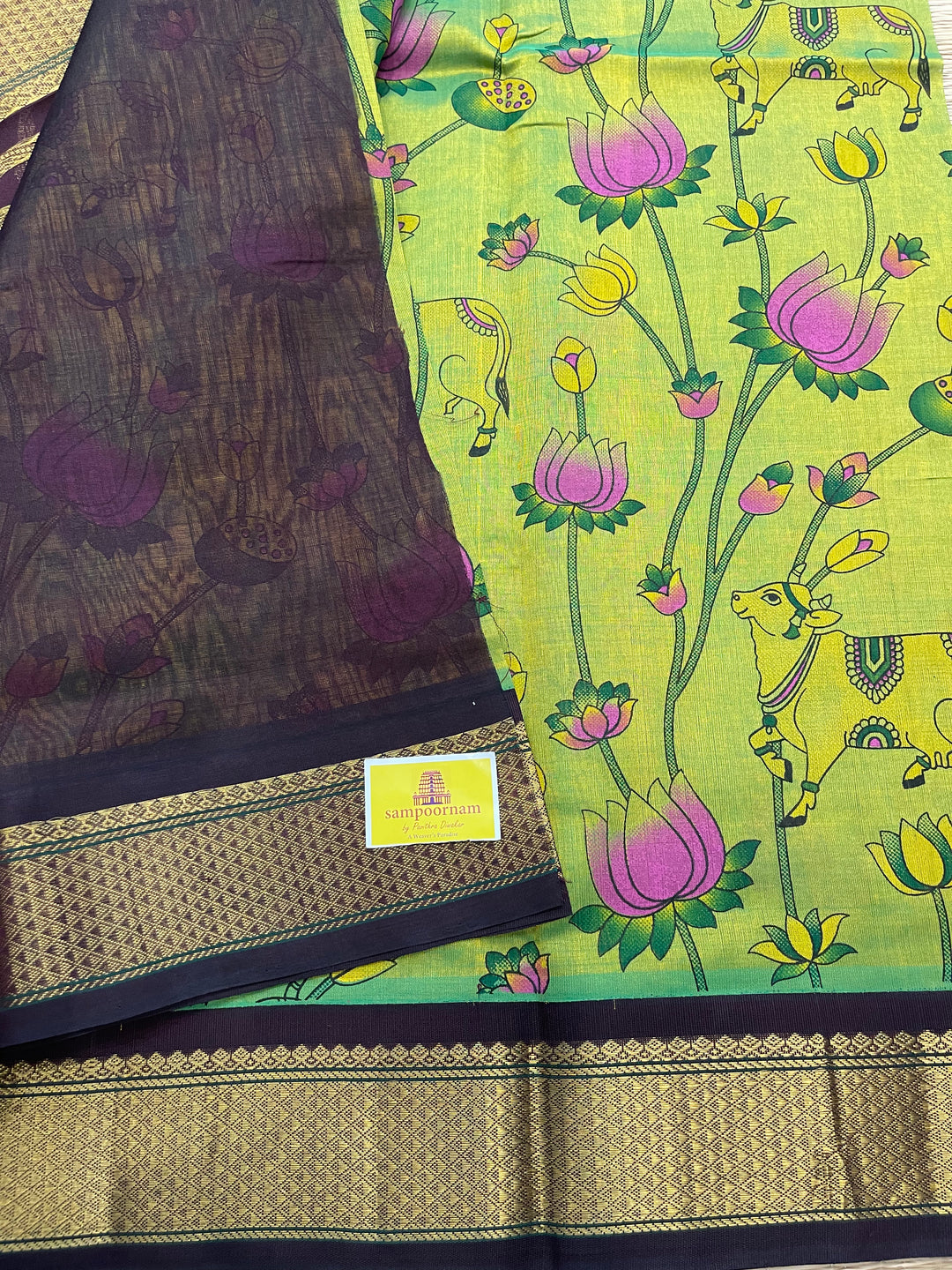 Green with Brown Pichwai Printed Korvai Silk Cotton Saree