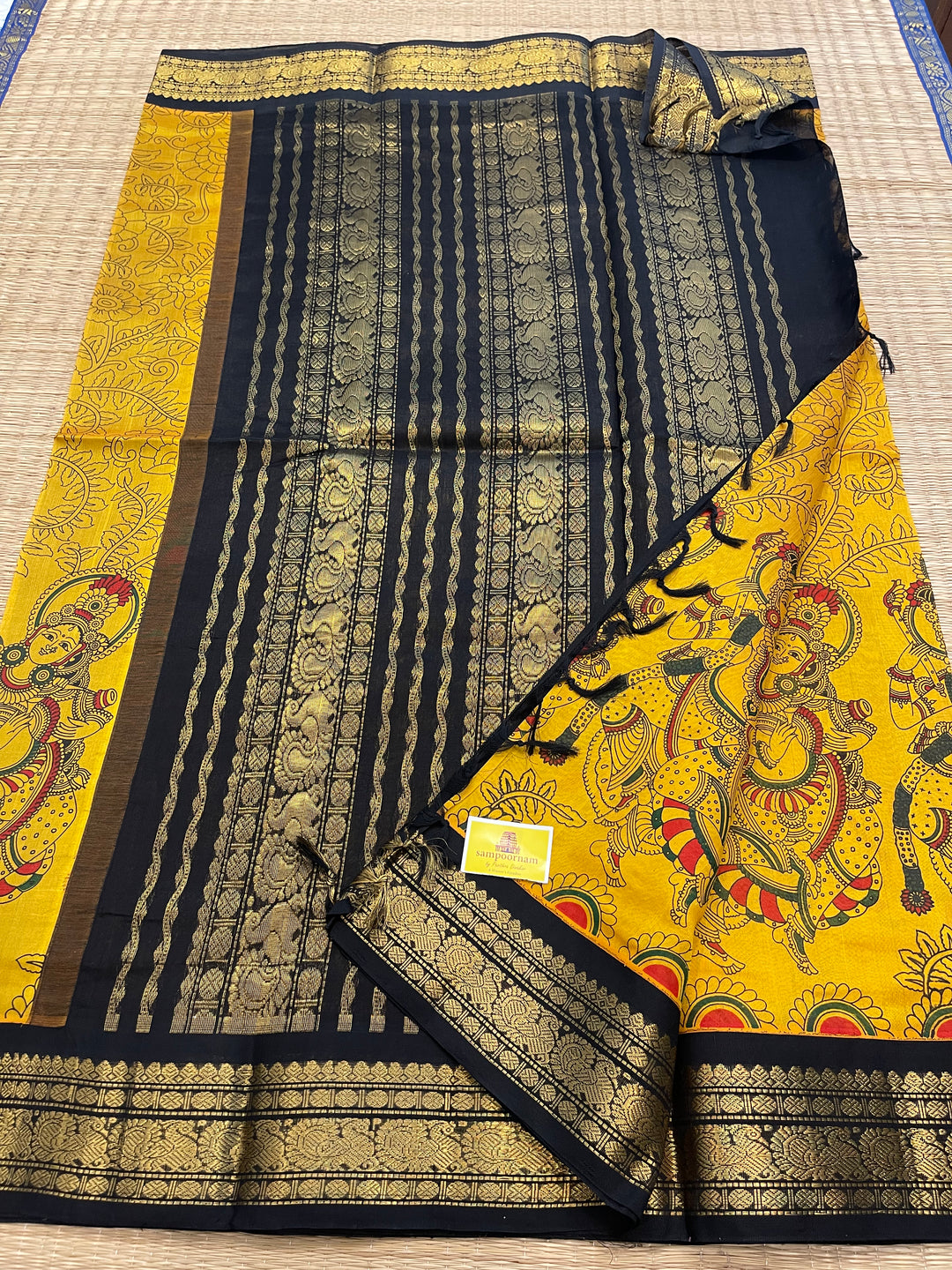 Mambazha Manjal with Black Radha Krishna Printed Korvai Silk Cotton Saree